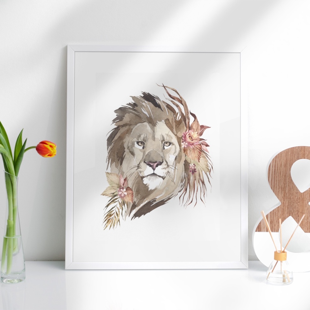Watercolor Floral Savannah Lion Wall Art Poster Print Unframed - Picture 4 of 15